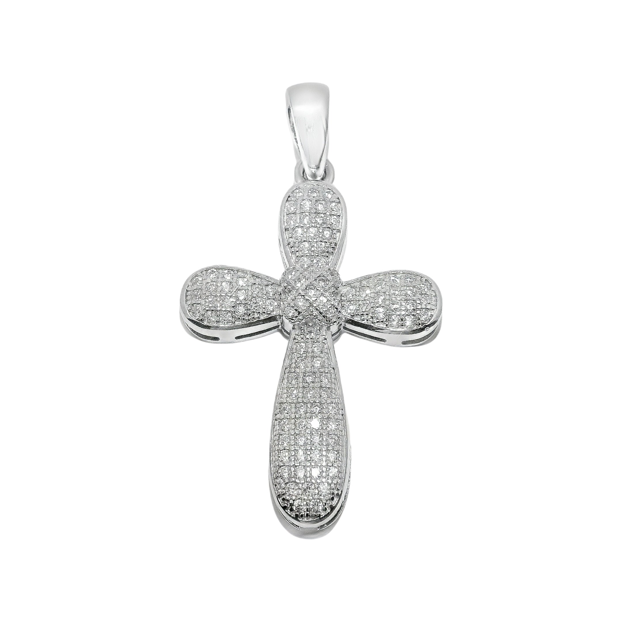 Silver cross pendant with embedded stones on a white background
