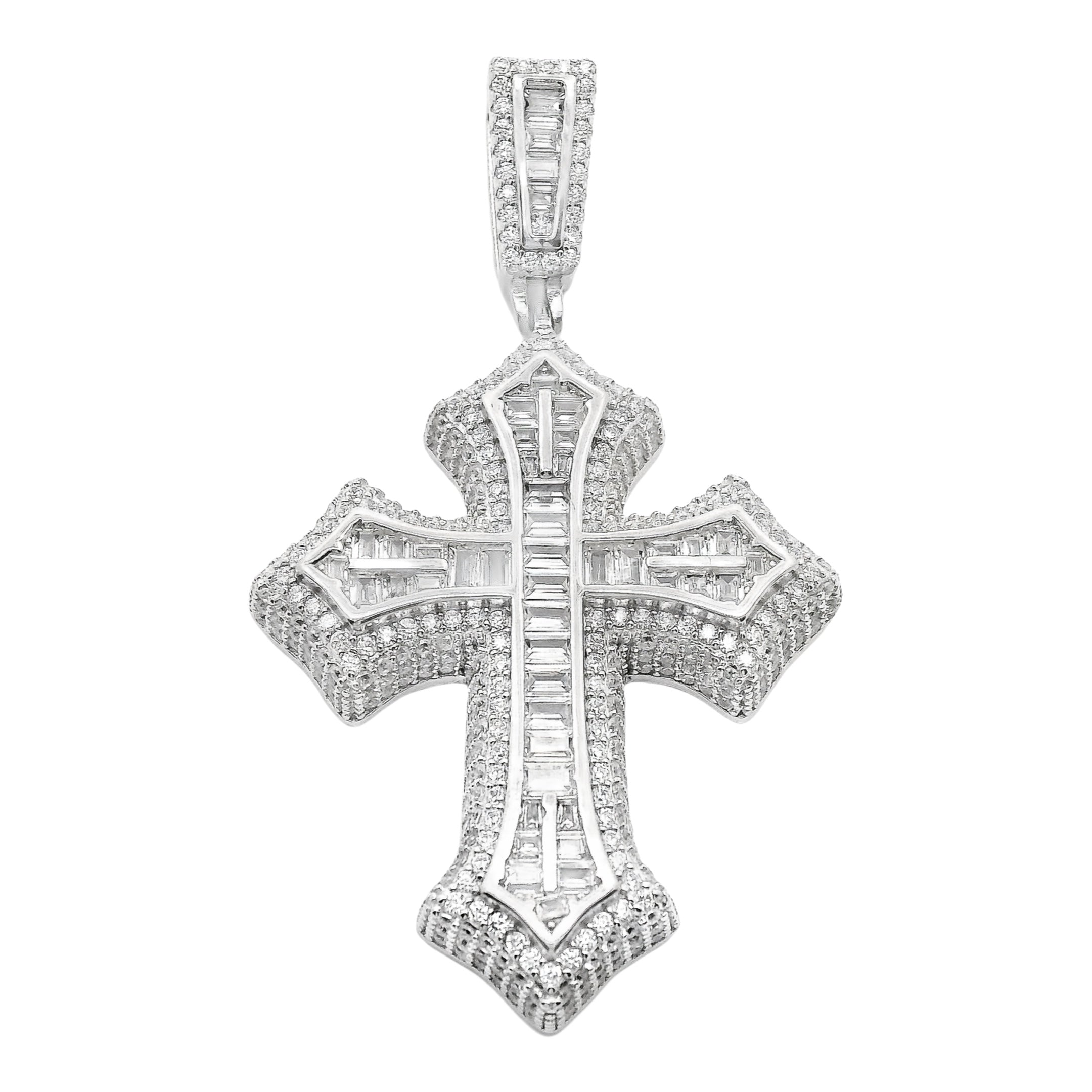 Sterling Silver Baguette CZ Thick Cross Pendant