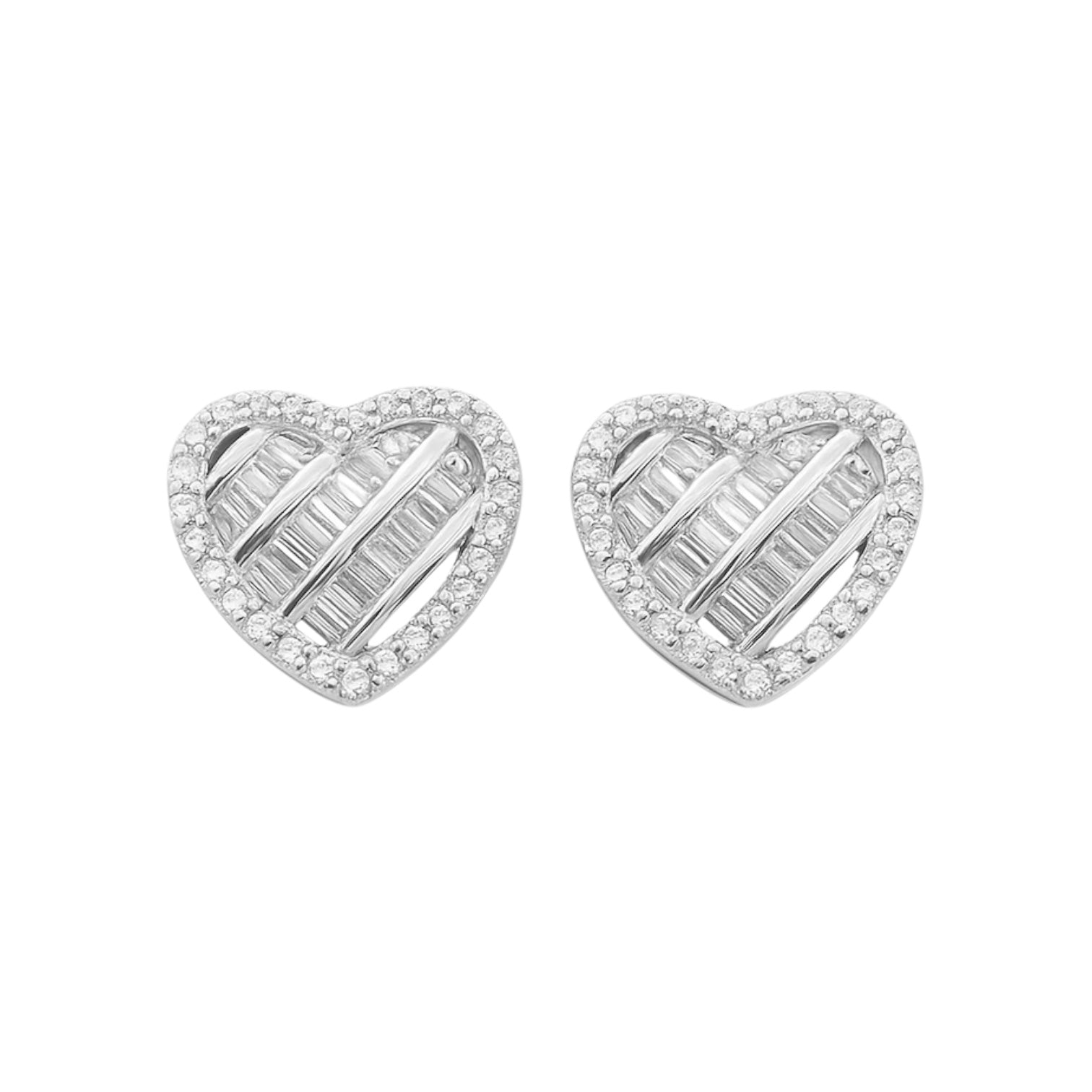 Sterling Silver Baguette CZ Heart Stud Earrings