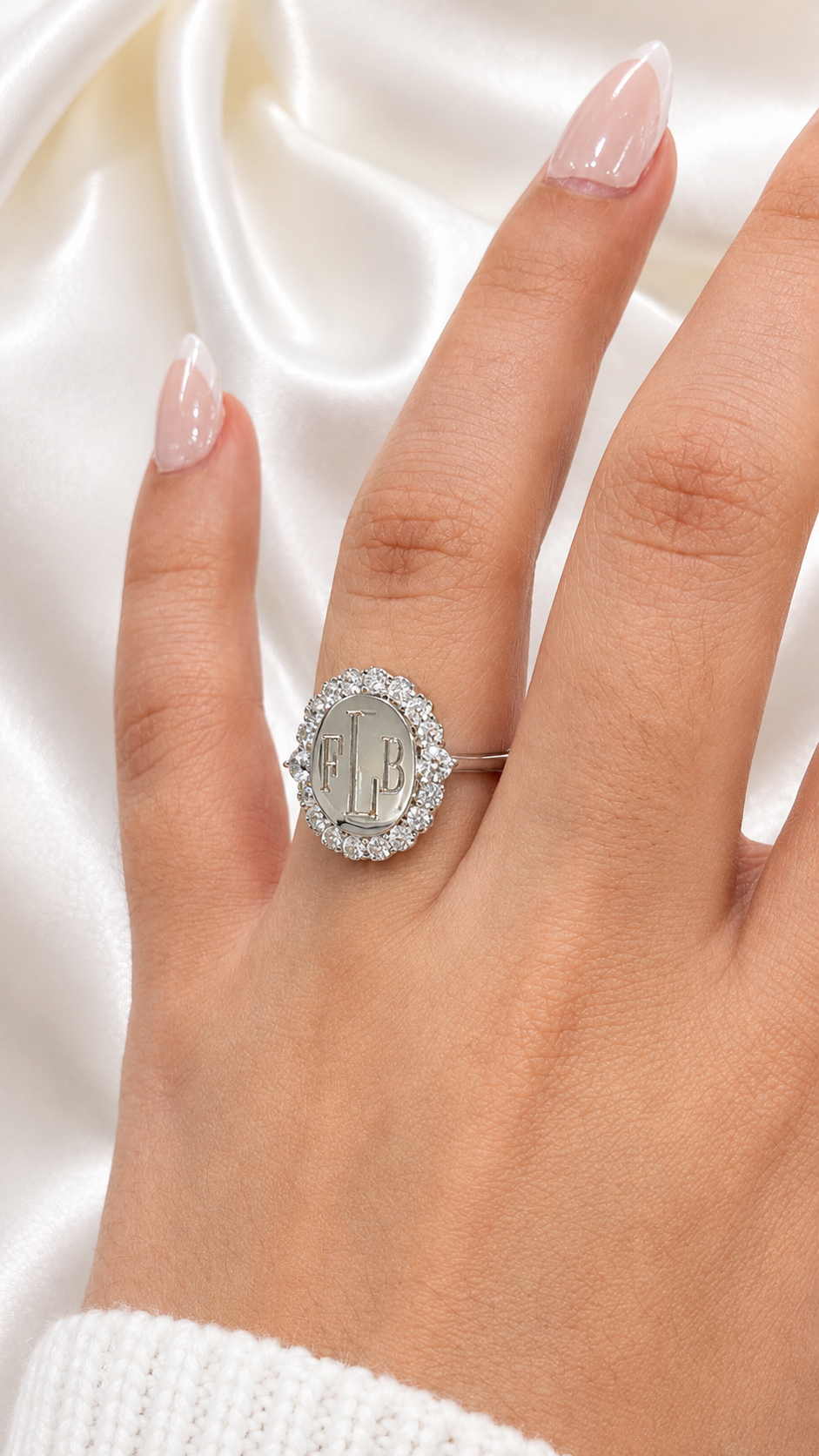 Sterling Silver Oval Large CZ Border Engravable Ring