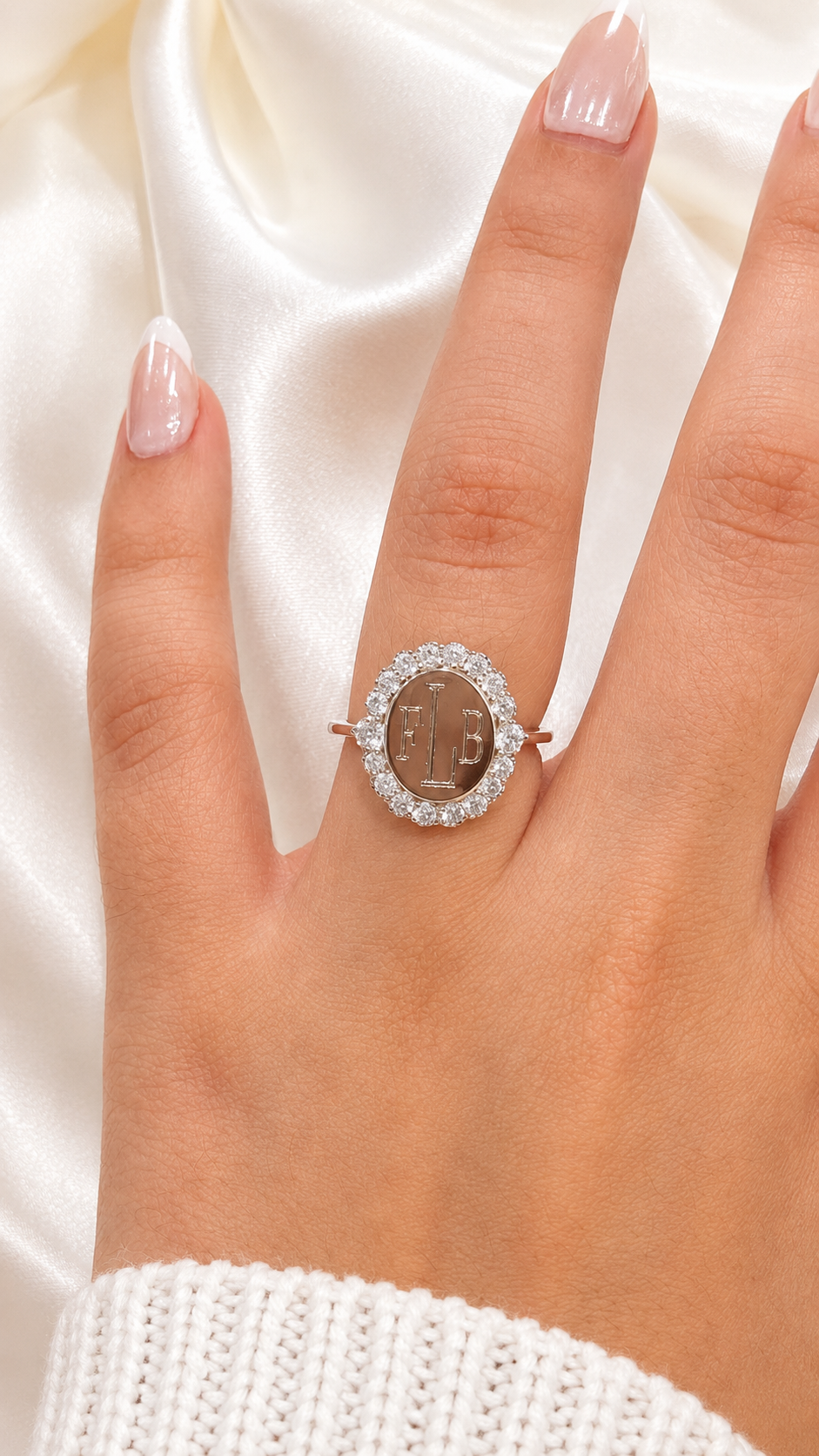 Sterling Silver Oval Large CZ Border Engravable Ring