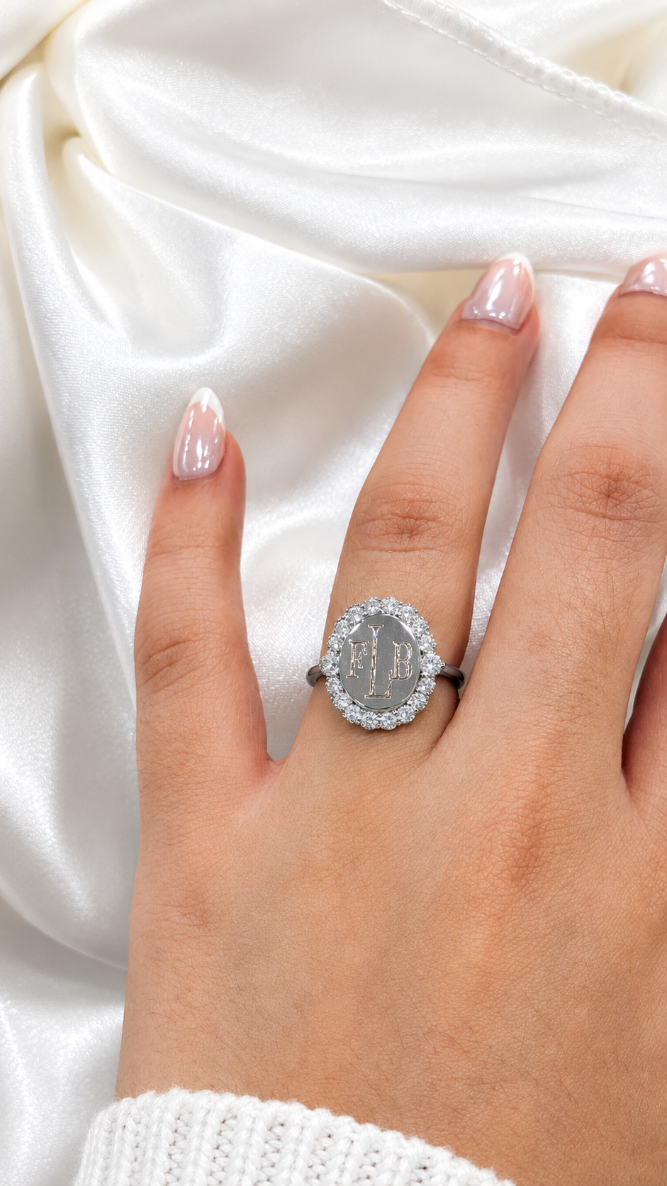 Sterling Silver Oval Large CZ Border Engravable Ring