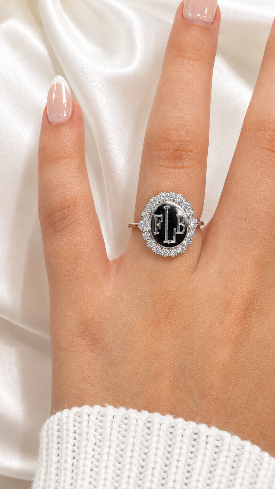 Sterling Silver Oval Large CZ Border Engravable Ring