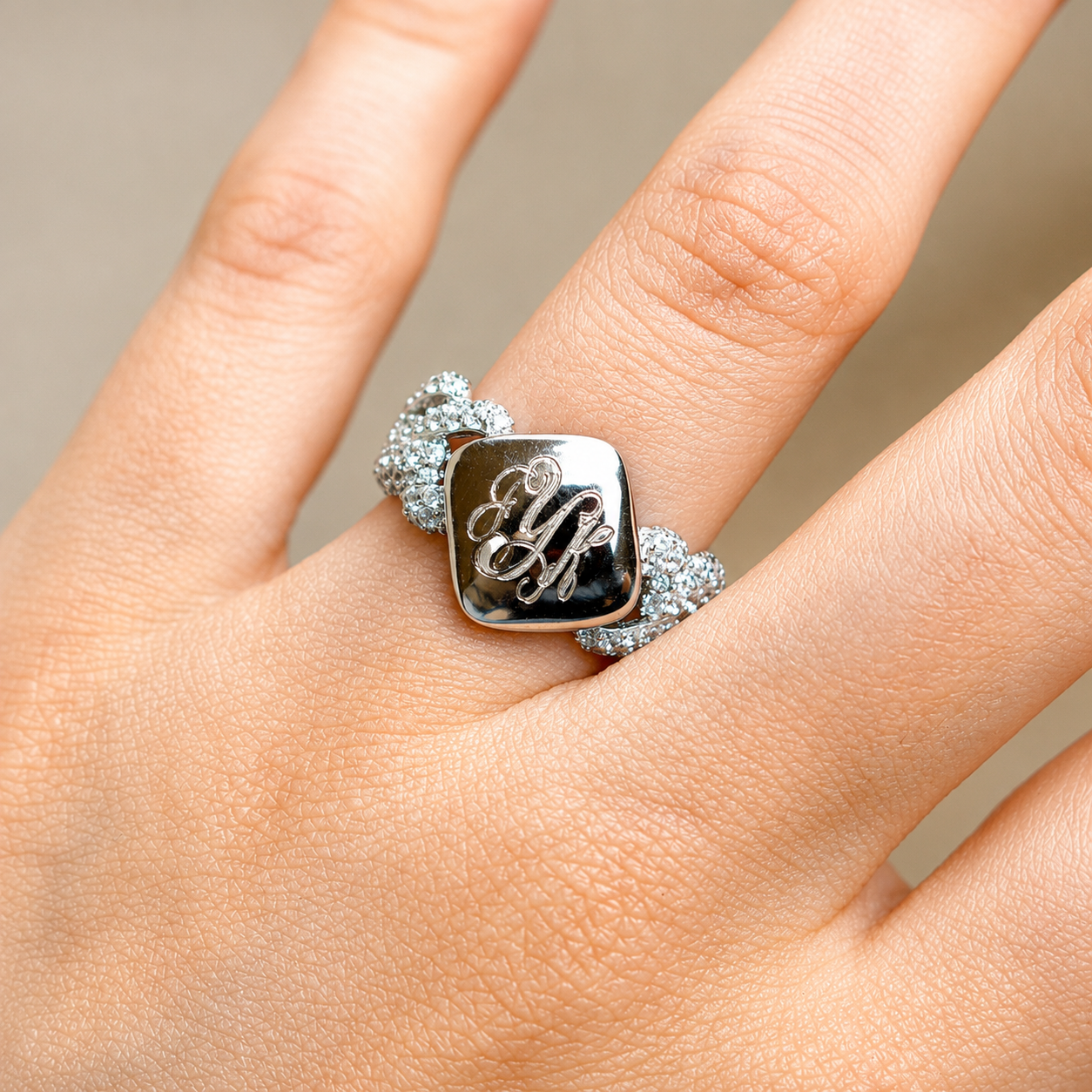 Sterling Silver Engravable Diamond Face Cuban CZ Band Ring