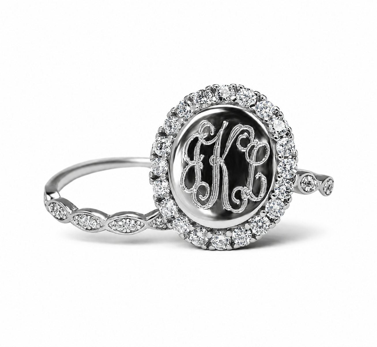 Sterling Silver Oval Engravable Face w/ Large CZ Border Stackable Rings