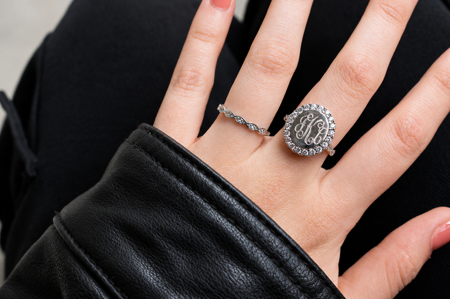 Sterling Silver Oval Engravable Face w/ Large CZ Border Stackable Rings