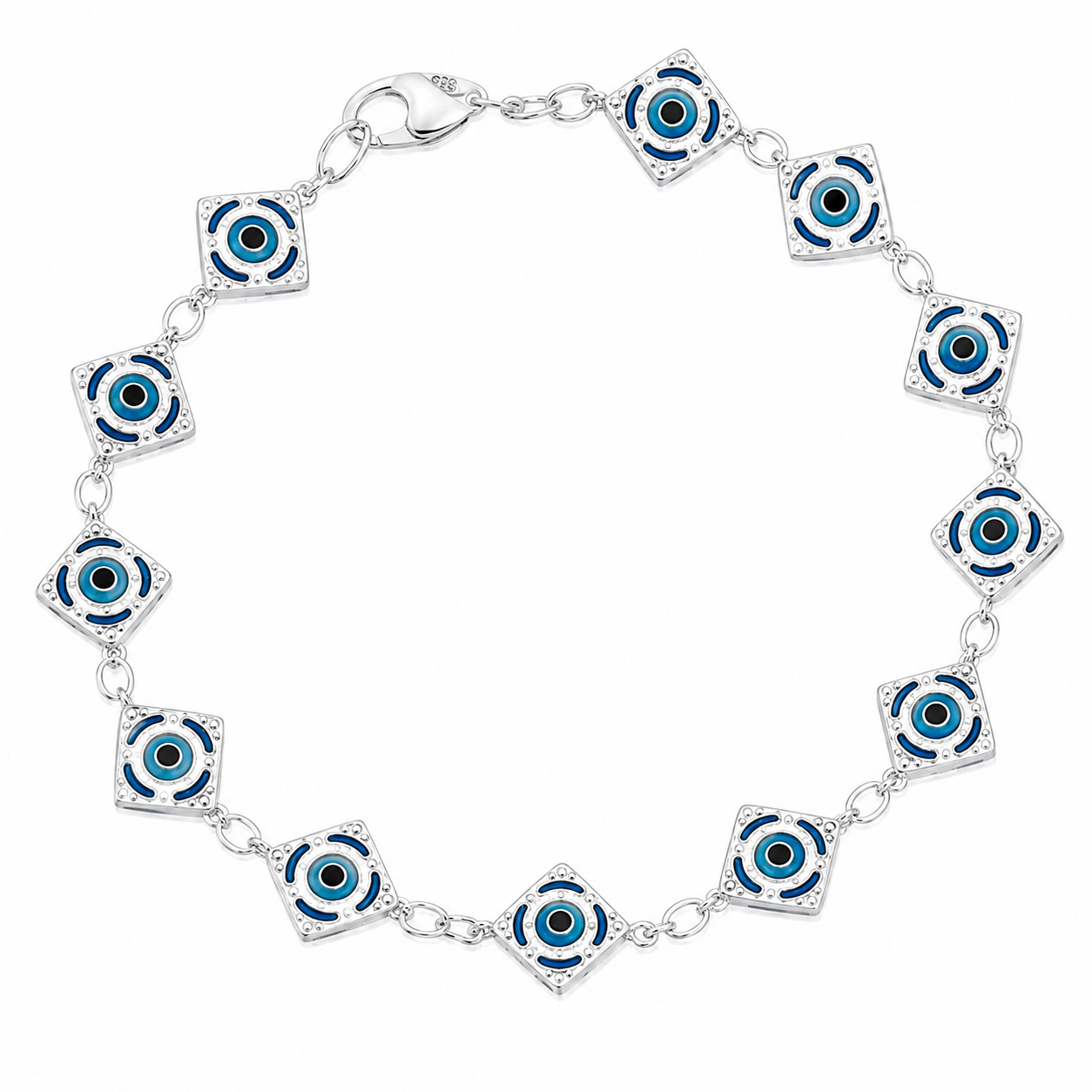 Sterling Silver Diamond Shape Evil Eye Bracelet (7.5")