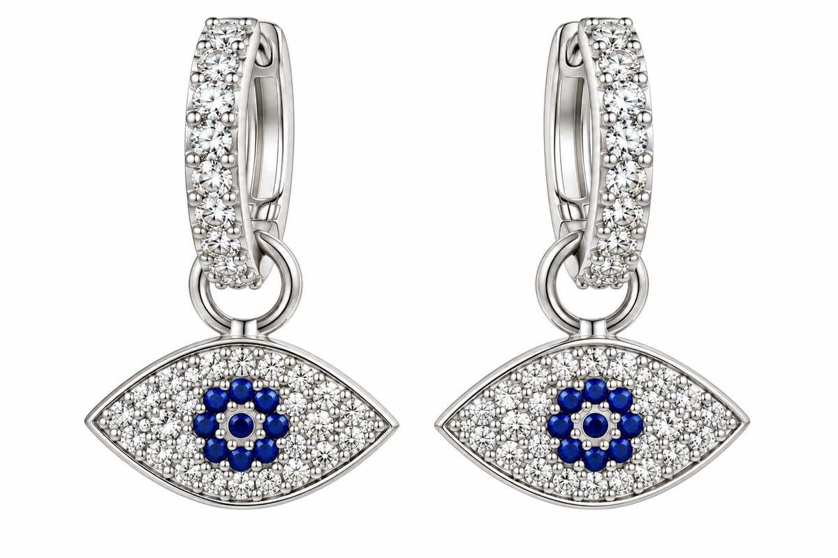 Sterling Silver CZ Evil Eye Dangling Huggie Earrings