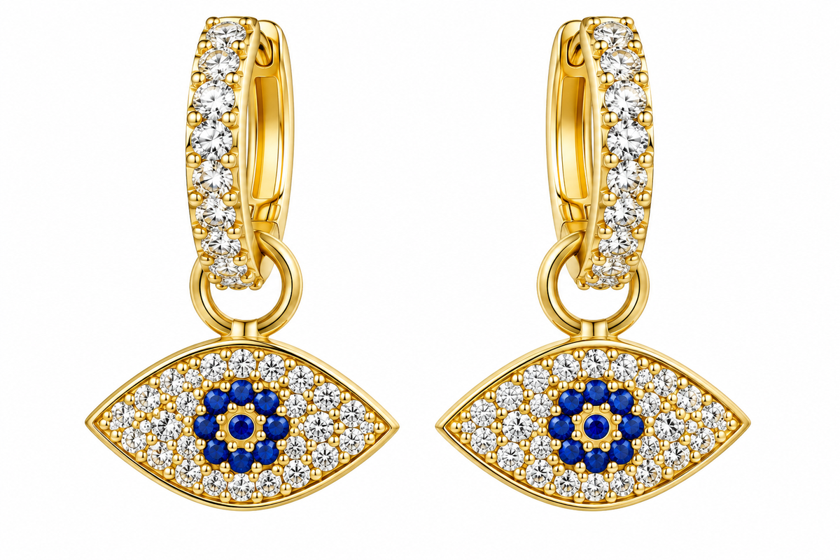 Sterling Silver CZ Evil Eye Dangling Huggie Earrings