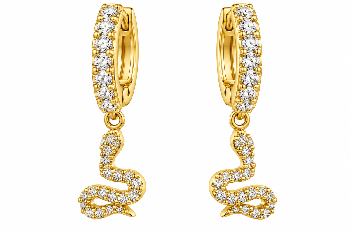 Sterling Silver Gold Plated Dangling CZ Snake Huggie Earrings