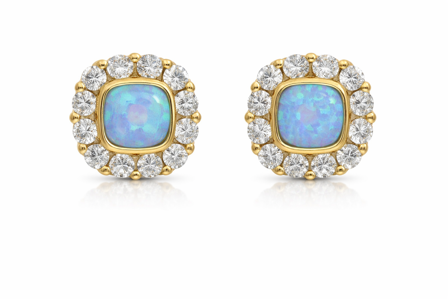 Sterling Silver Soft Square CZ Blue Opal Studs