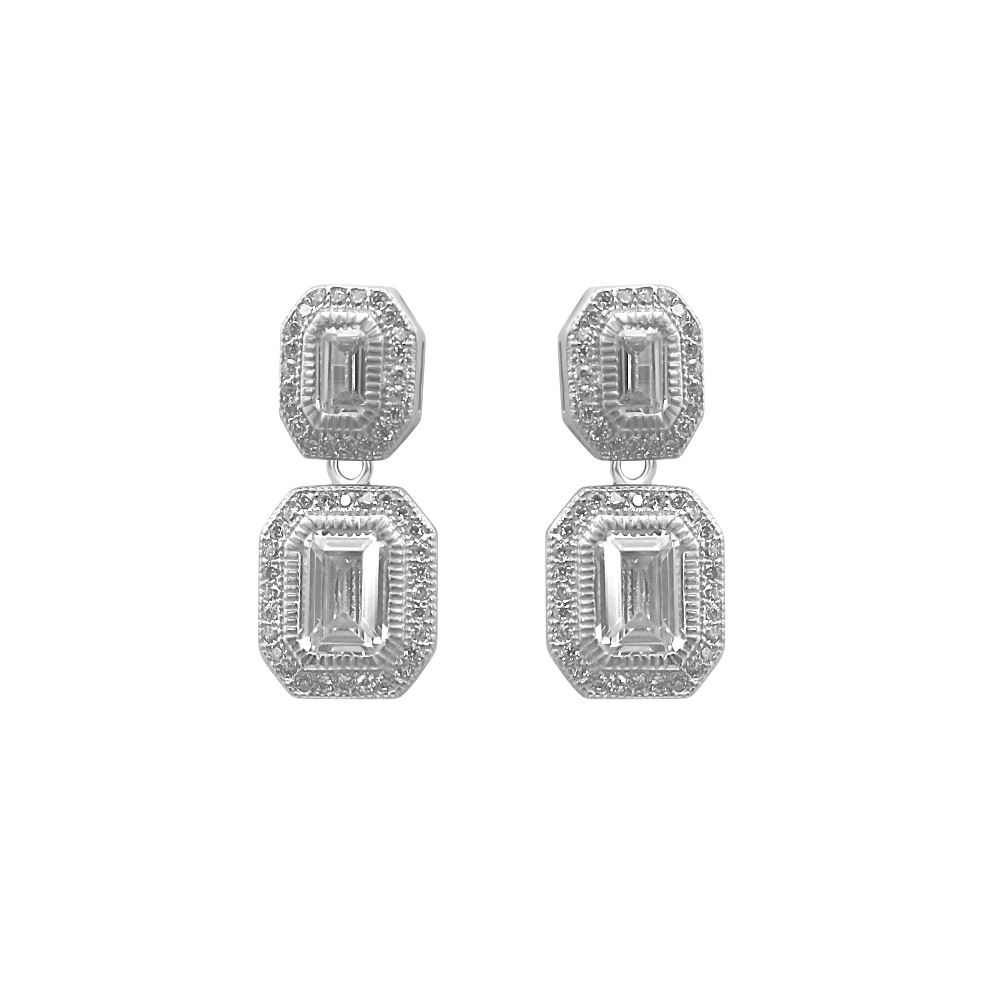 Sterling Silver Double Rectangle CZ Earrings