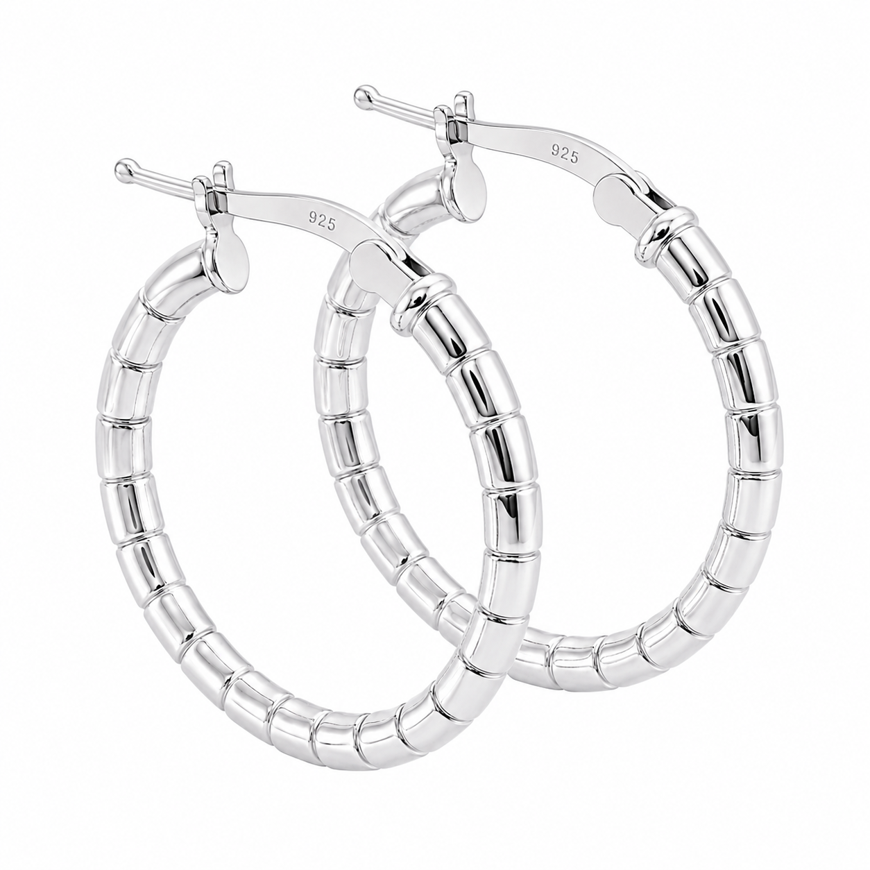 Sterling Silver 26mm Ribbed Hoop Earrings