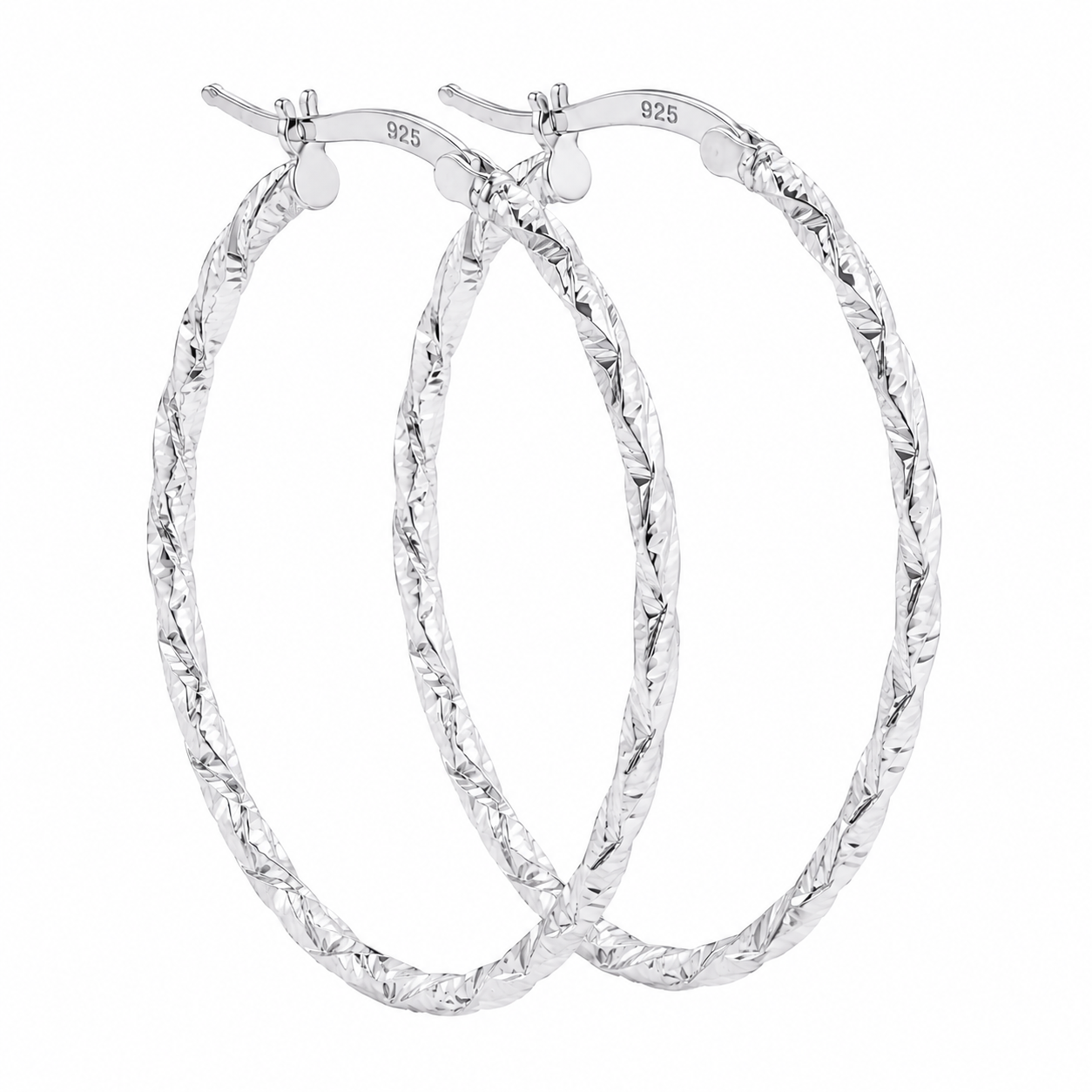 Sterling Silver Diamond Cut Twisted Oval Hoop Earrings