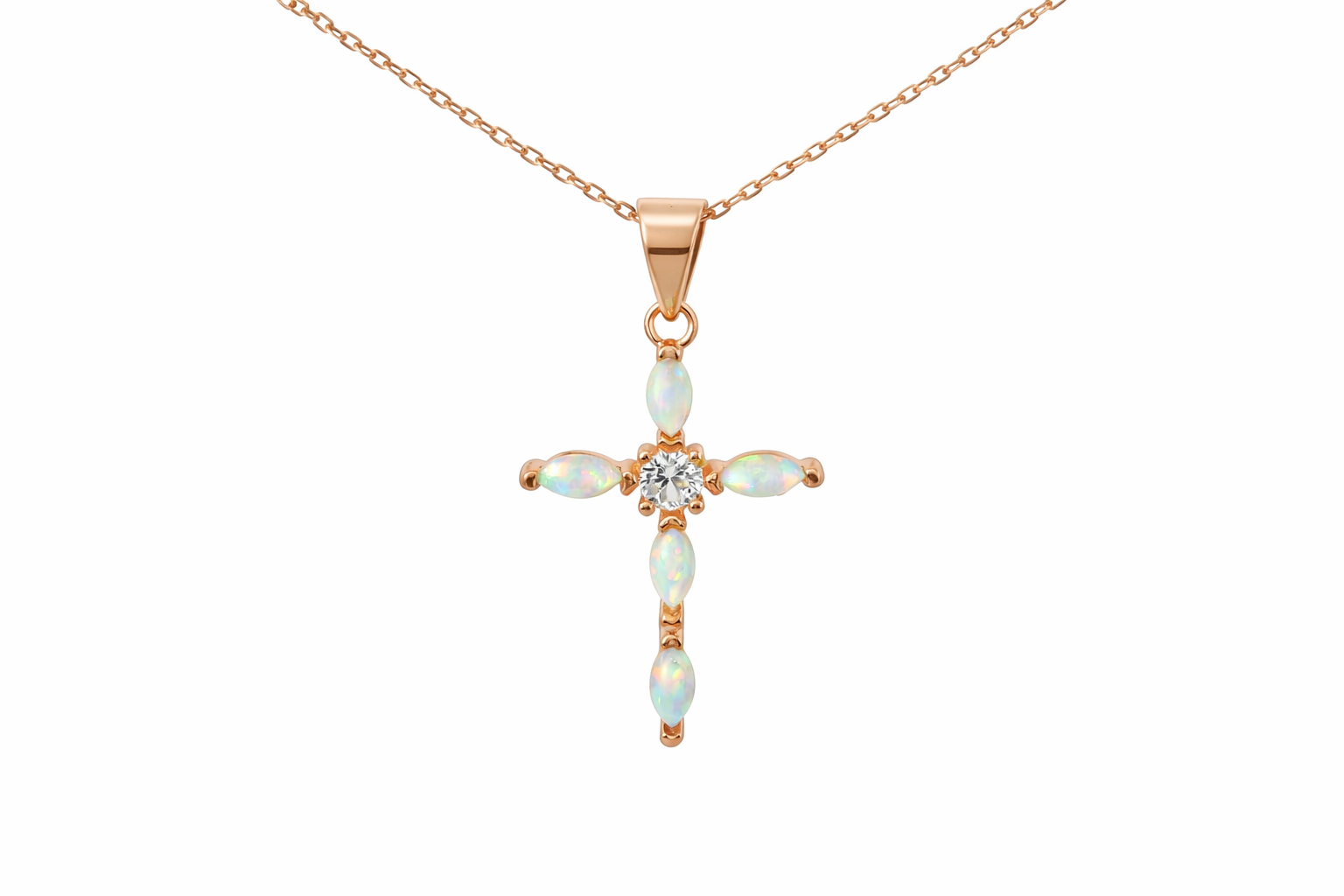 Sterling Silver Rose Gold Small Opal Cross w/ CZ Center