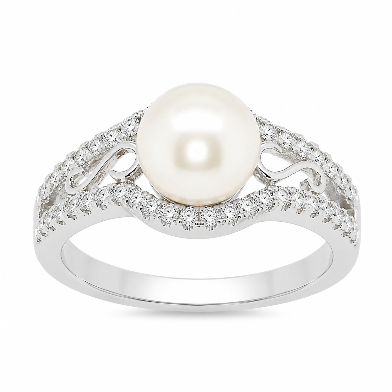 Sterling Silver 2 Line With Swirl Detail And Pearl Stone Ring