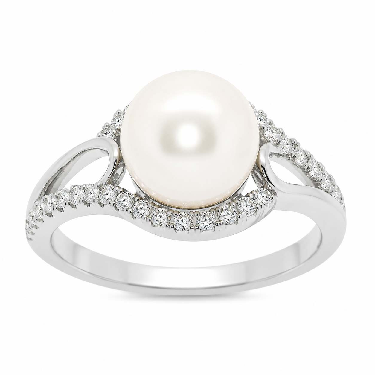 2 CZ Line Detailed Ring With Pearl Center