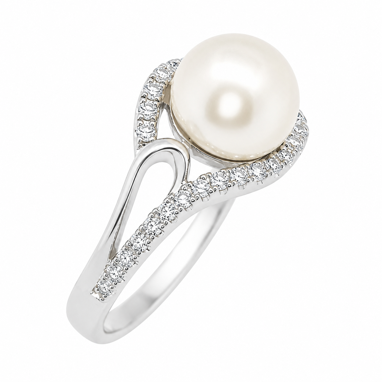 2 CZ Line Detailed Ring With Pearl Center