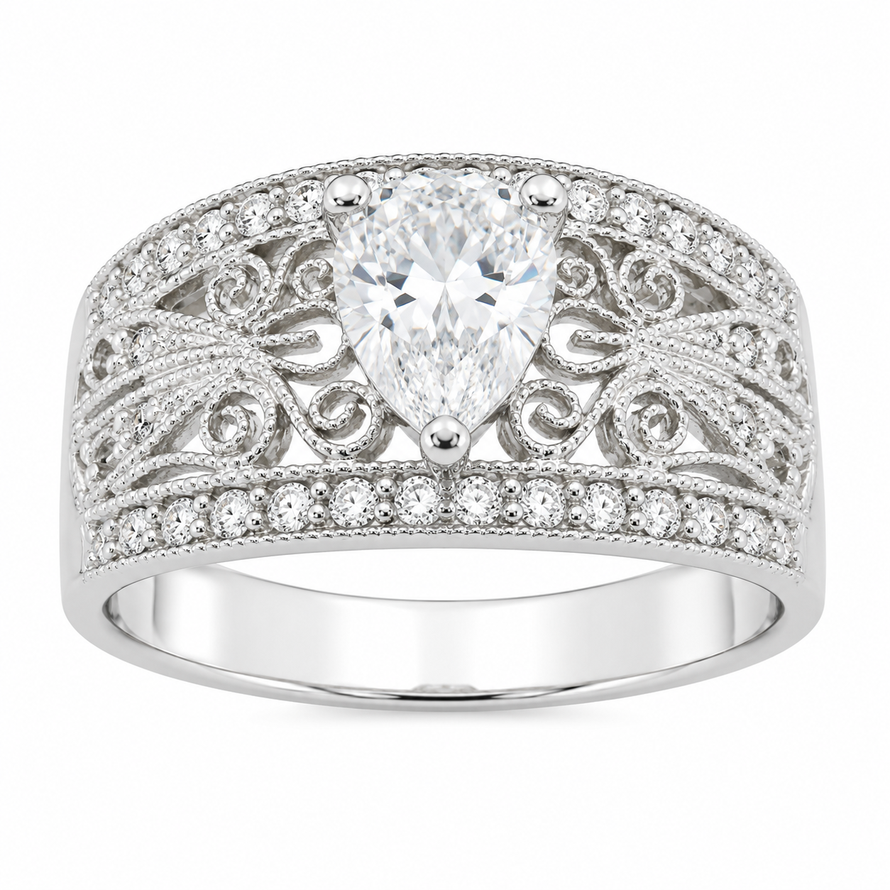 Sterling Silver Thick CZ Design Pear Shape CZ Center Ring