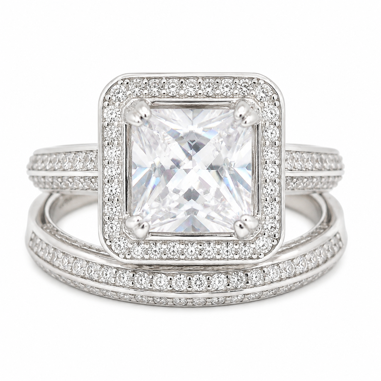 Sterling Silver Square Halo Double Band Wedding/Engagement Set