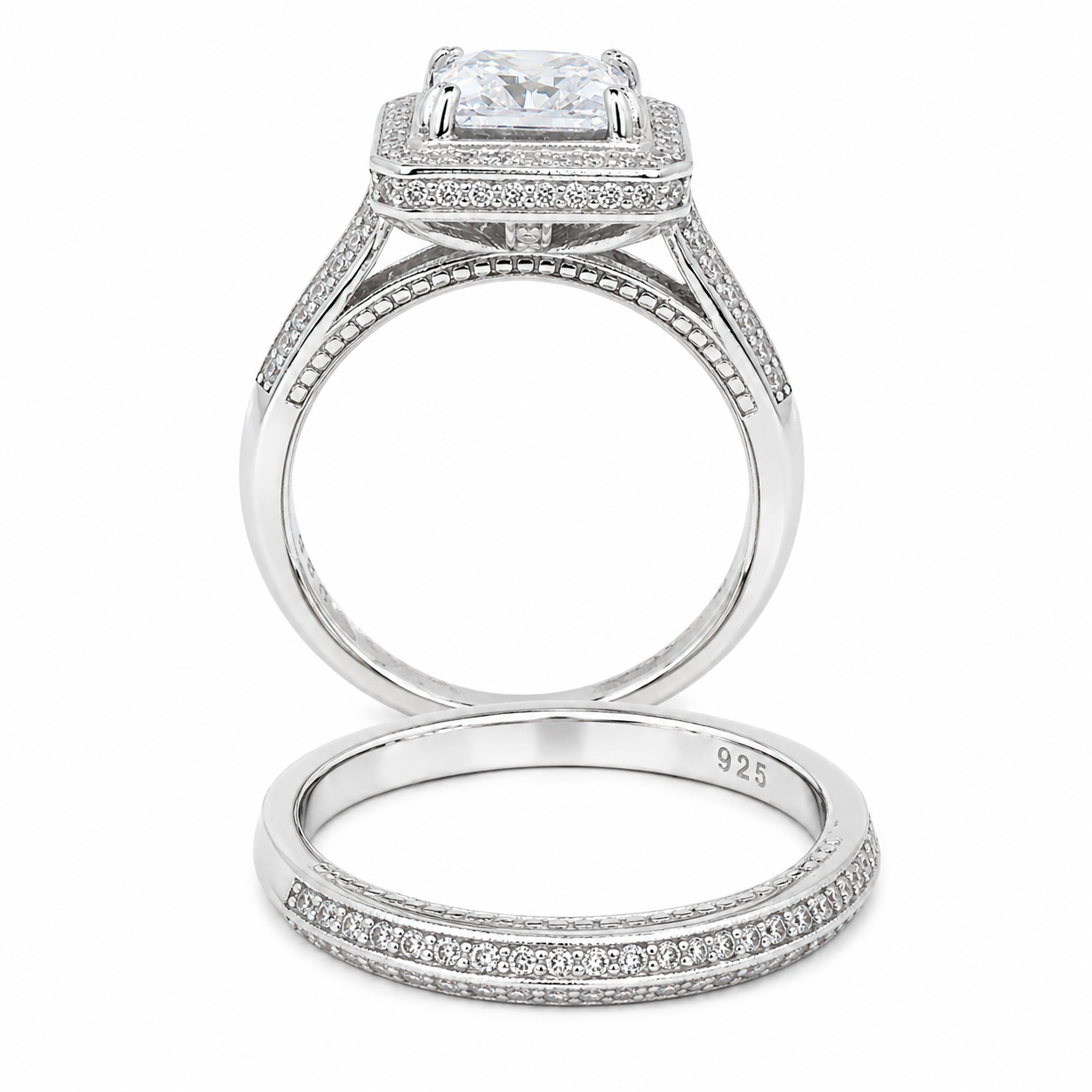 Sterling Silver Square Halo Double Band Wedding/Engagement Set