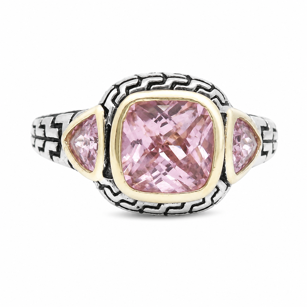 Sterling Silver Two Tone Pink CZ Ring elegance with contemporary design.