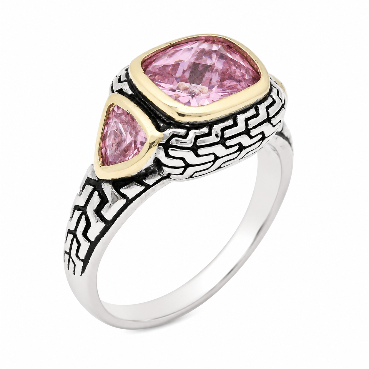 Sterling Silver Two Tone Pink CZ Ring elegance with contemporary design.