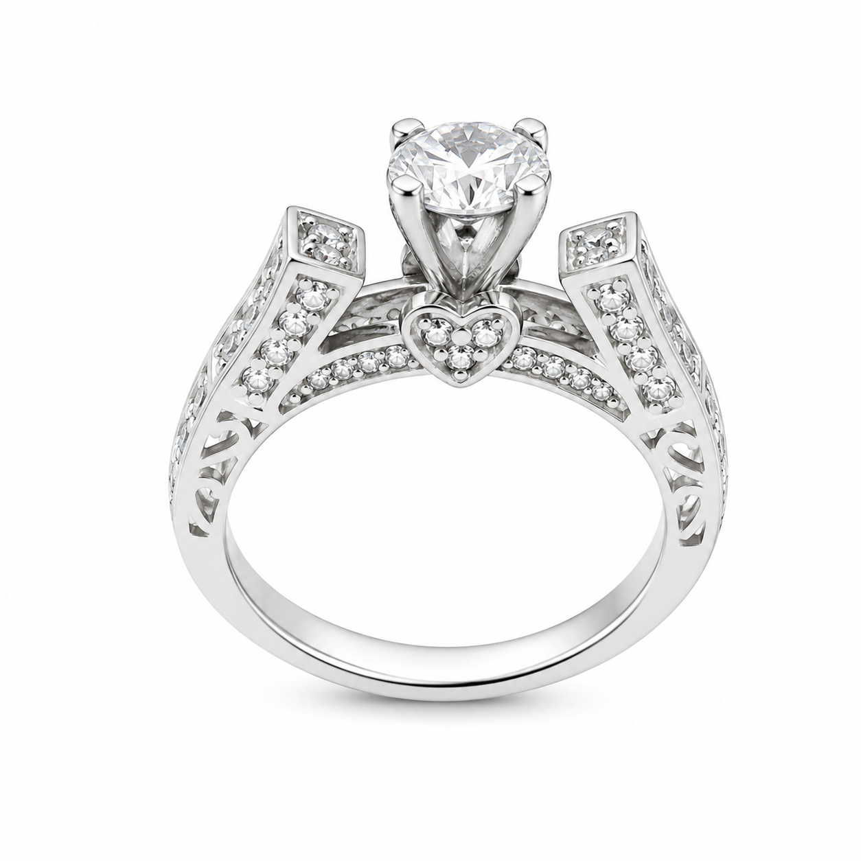 Sterling Silver Heart Detailed CZ Ring With Standing Circle Stone