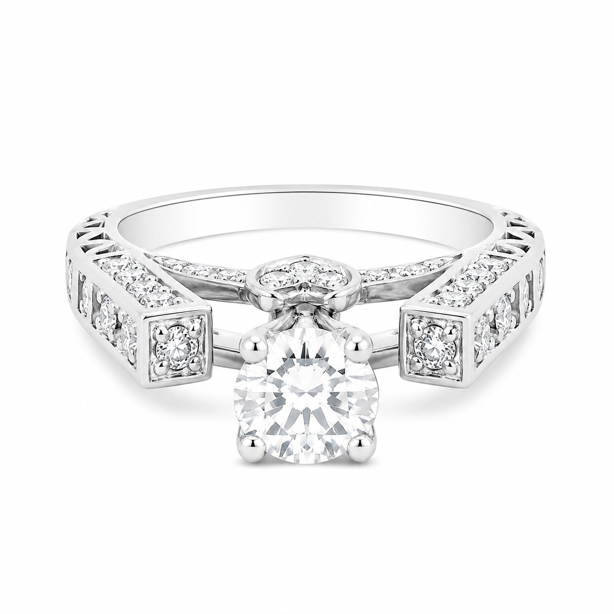 Sterling Silver Heart Detailed CZ Ring With Standing Circle Stone