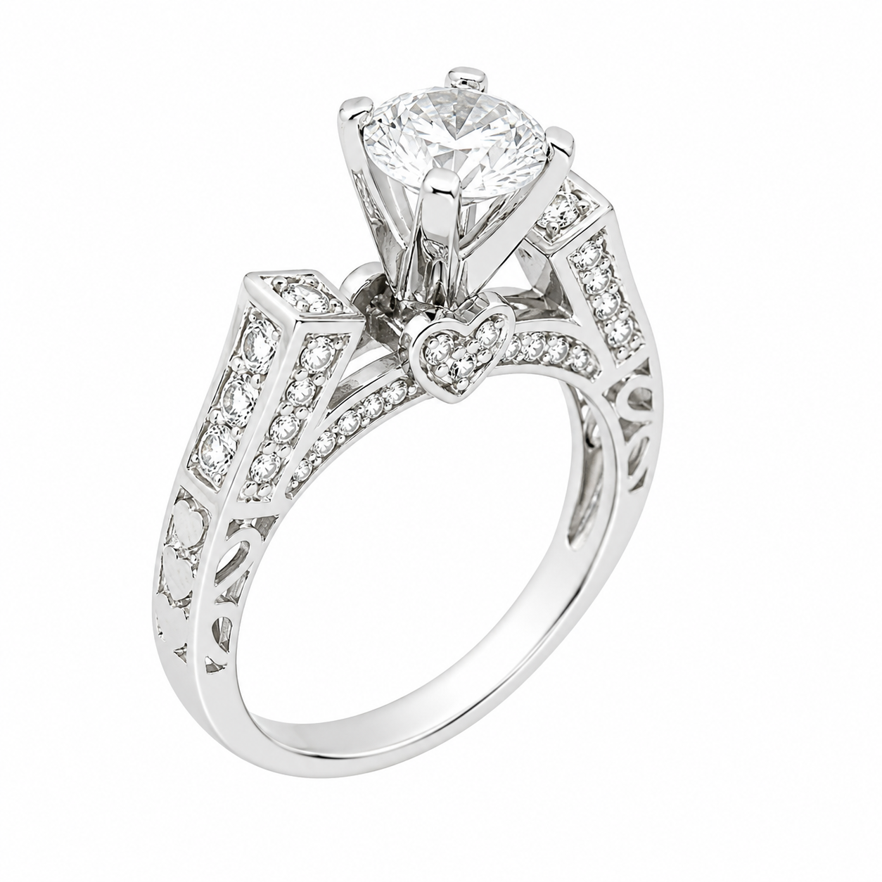Sterling Silver Heart Detailed CZ Ring With Standing Circle Stone