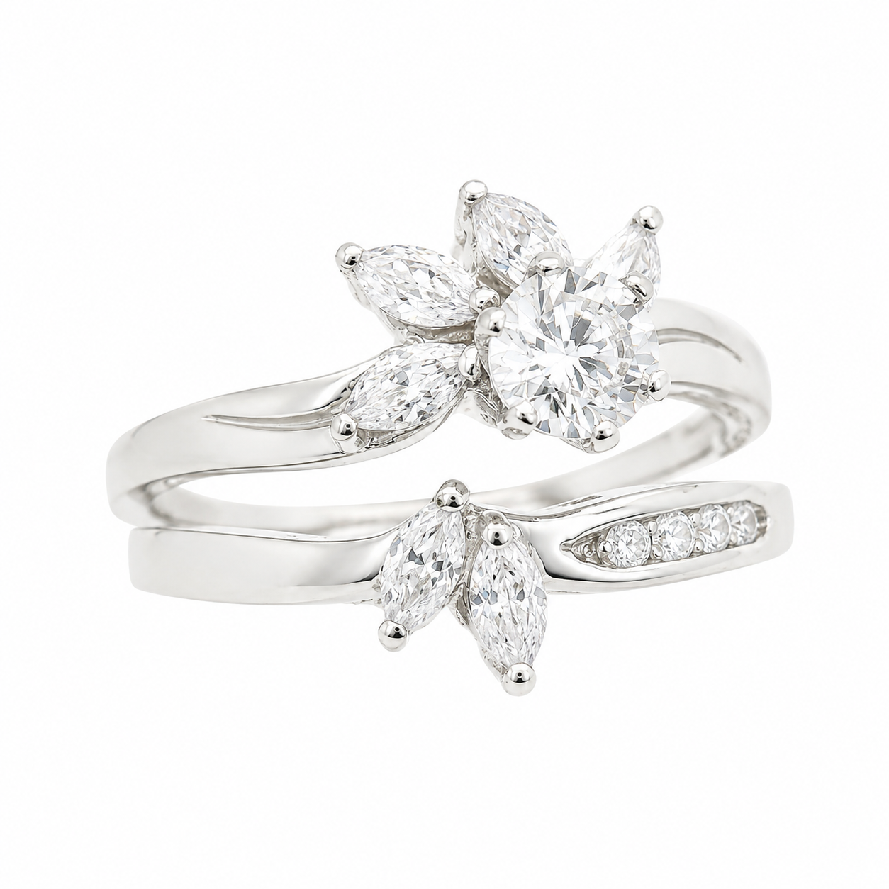 Sterling Silver 2 Pc  CZ Flower Ring