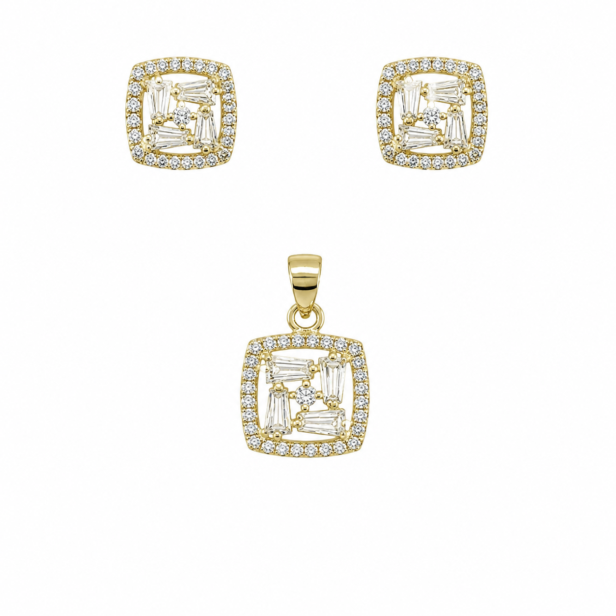 Sterling Silver Gold Plated Square CZ Earring/Pendant Set
