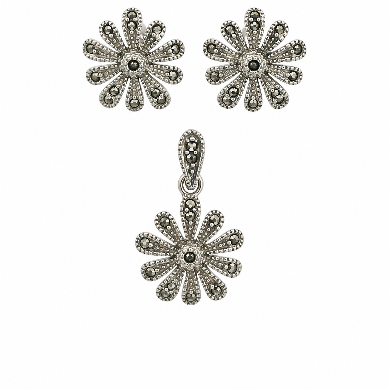 Sterling Silver Marcasite Flower Earring Pendant Set