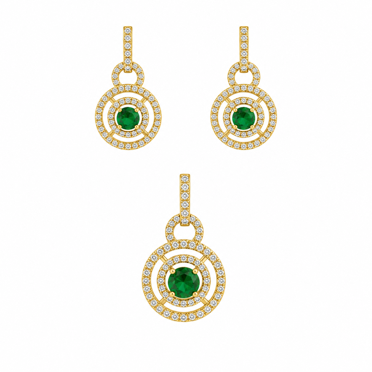 Sterling Silver Gold Plated Emerald Stone Pendant/ Earring/ Ring Set