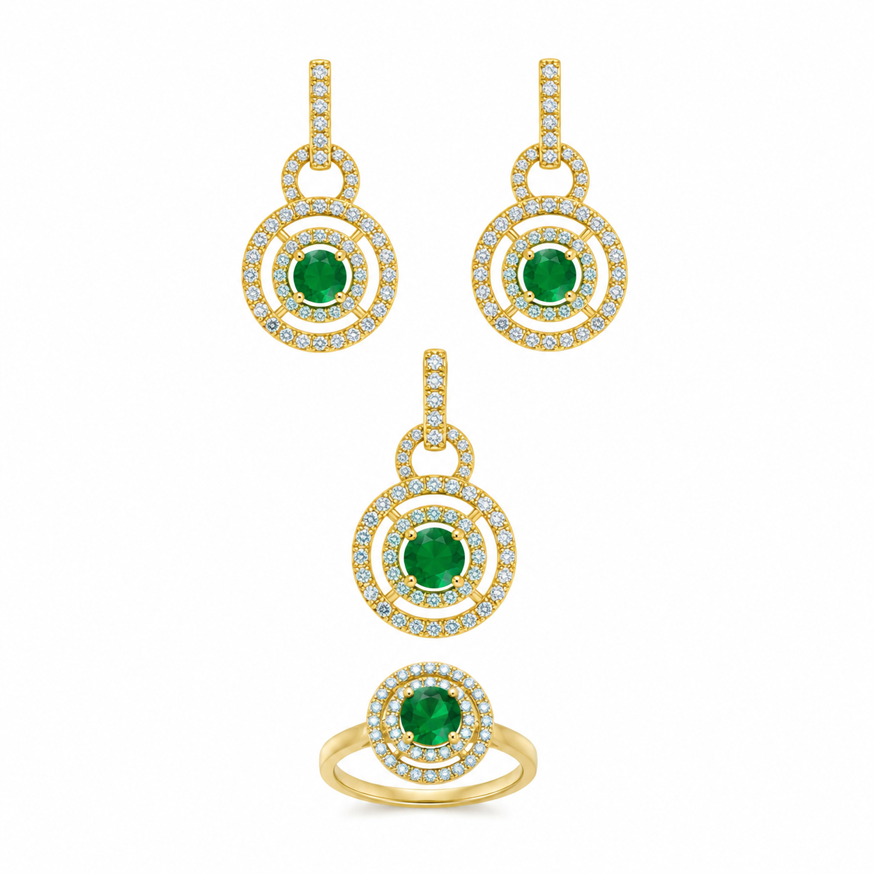 Sterling Silver Gold Plated Emerald Stone Pendant/ Earring/ Ring Set