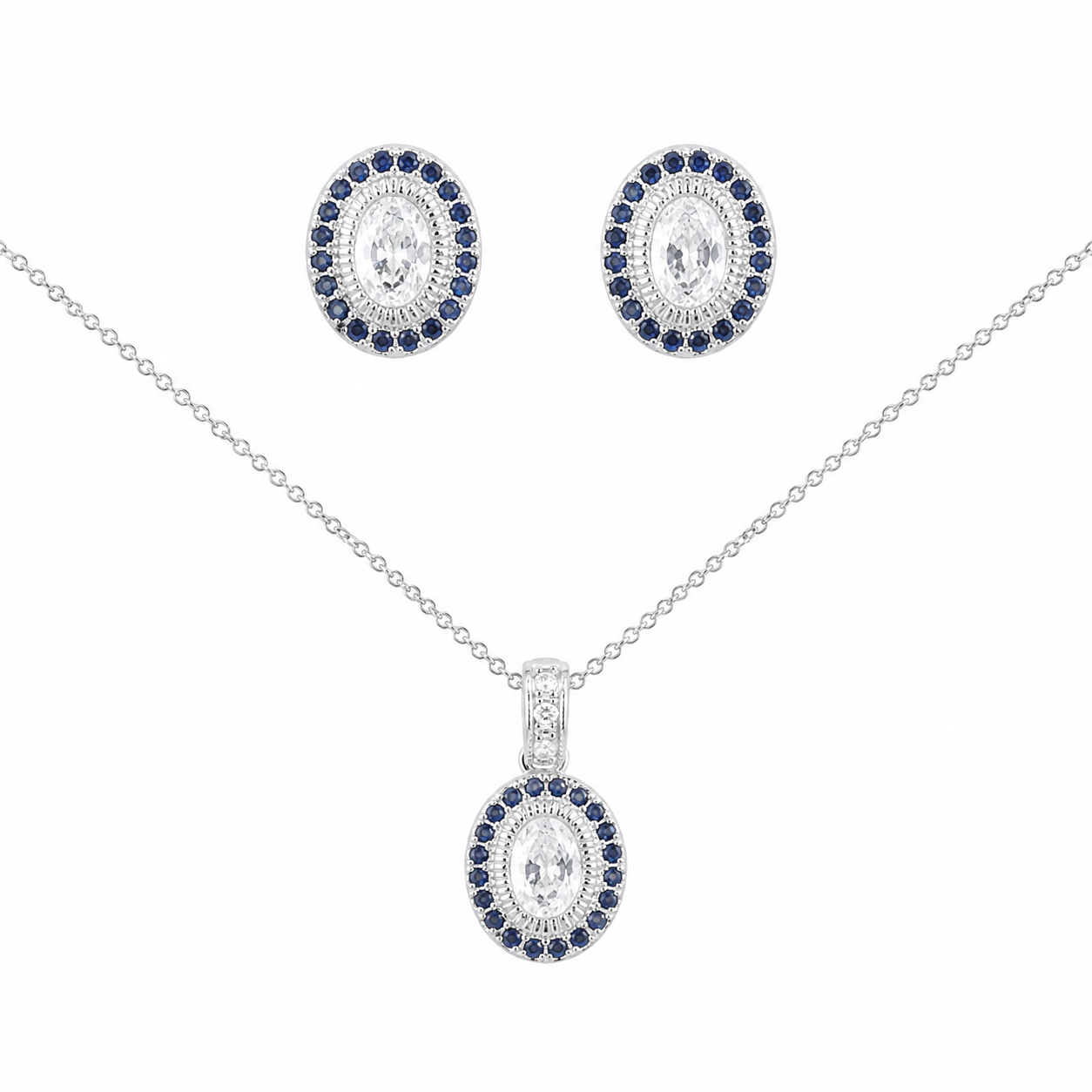 Sterling Silver Oval Set W/ Blue Gemstone Border