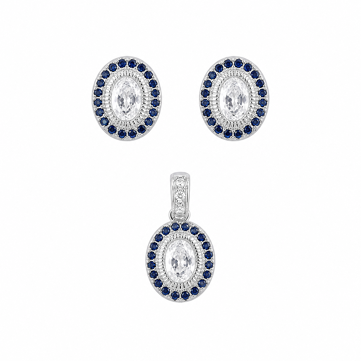 Sterling Silver Oval Set W/ Blue Gemstone Border