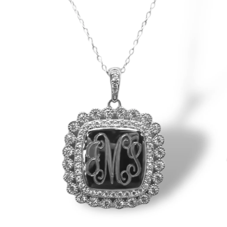 Sterling Silver Decorative Large Soft Square CZ Engravable Necklace