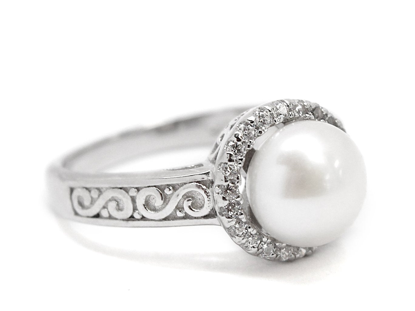Sterling Silver Pearl with CZ Border Ring