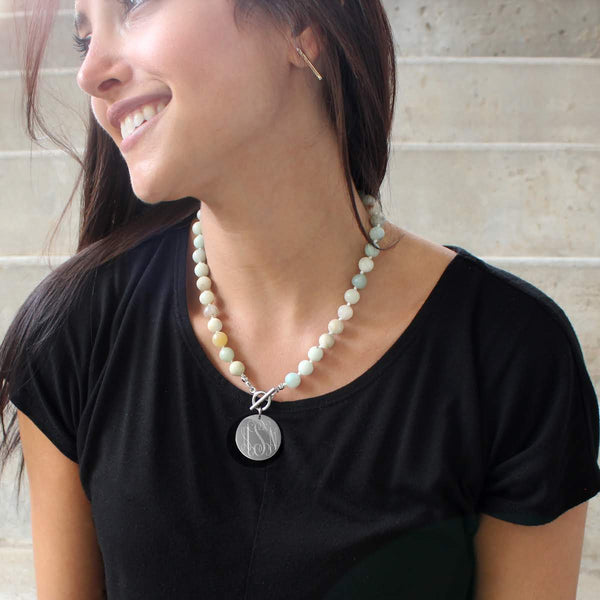 Tiffany Style Hand Knotted Bead Necklace with Engraved Gold Disc
