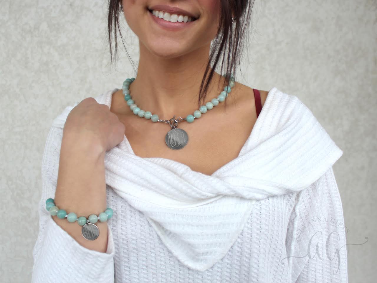 Tiffany Style Hand Knotted Bead Necklace with Engraved Gold Disc