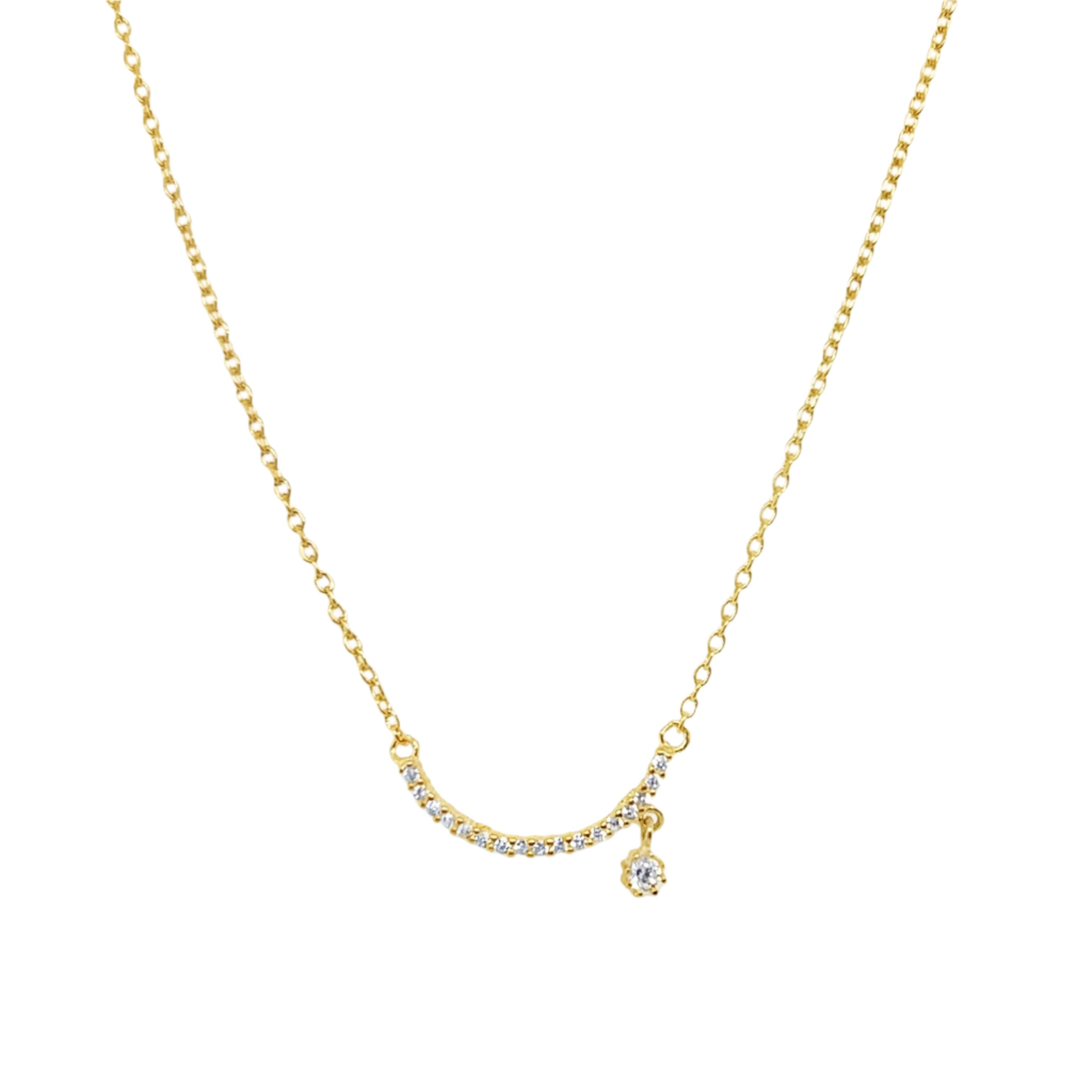 Sterling Silver Gold Plated Curved Bar CZ Necklace