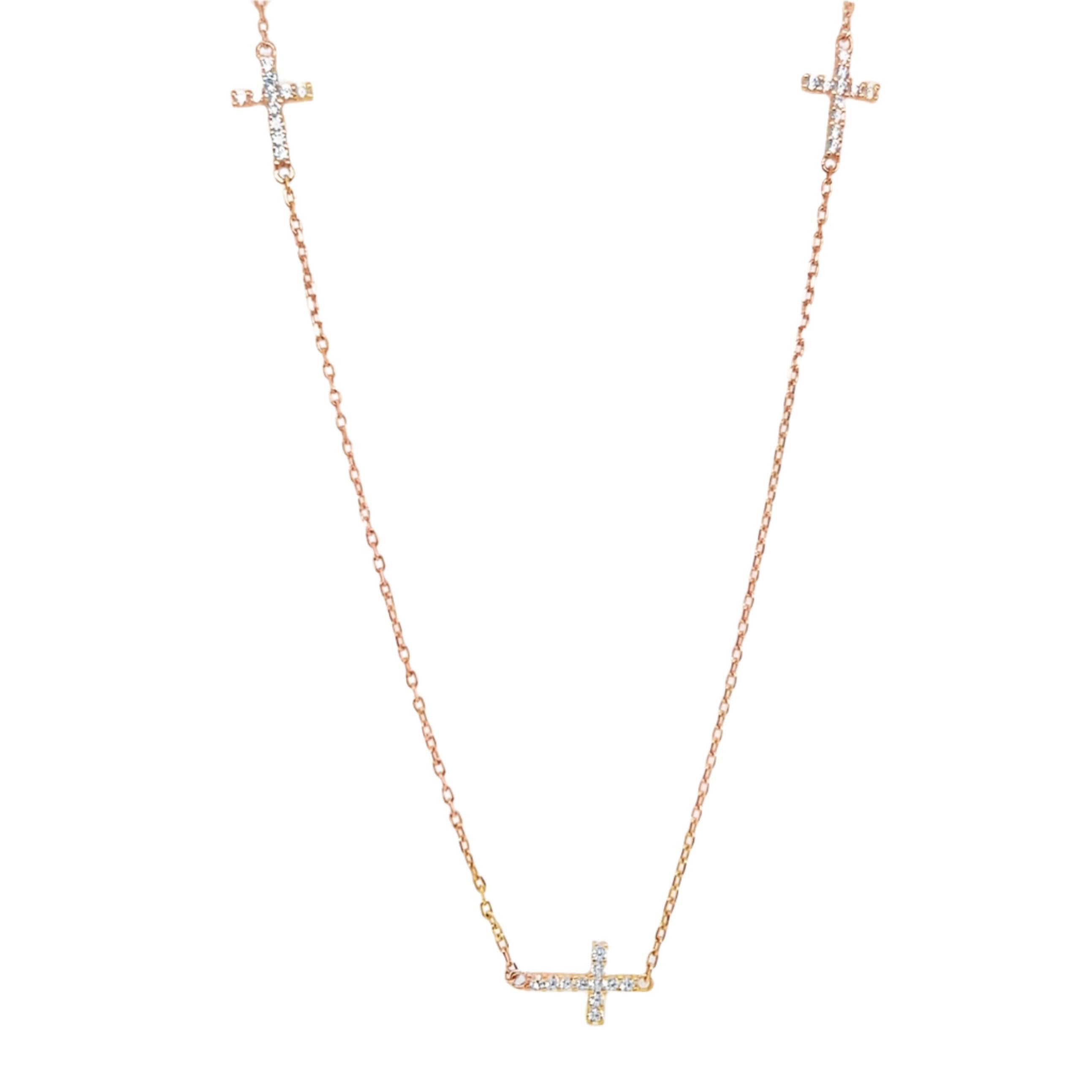 Sterling Silver Rose Gold 3 CZ Cross Station Necklace