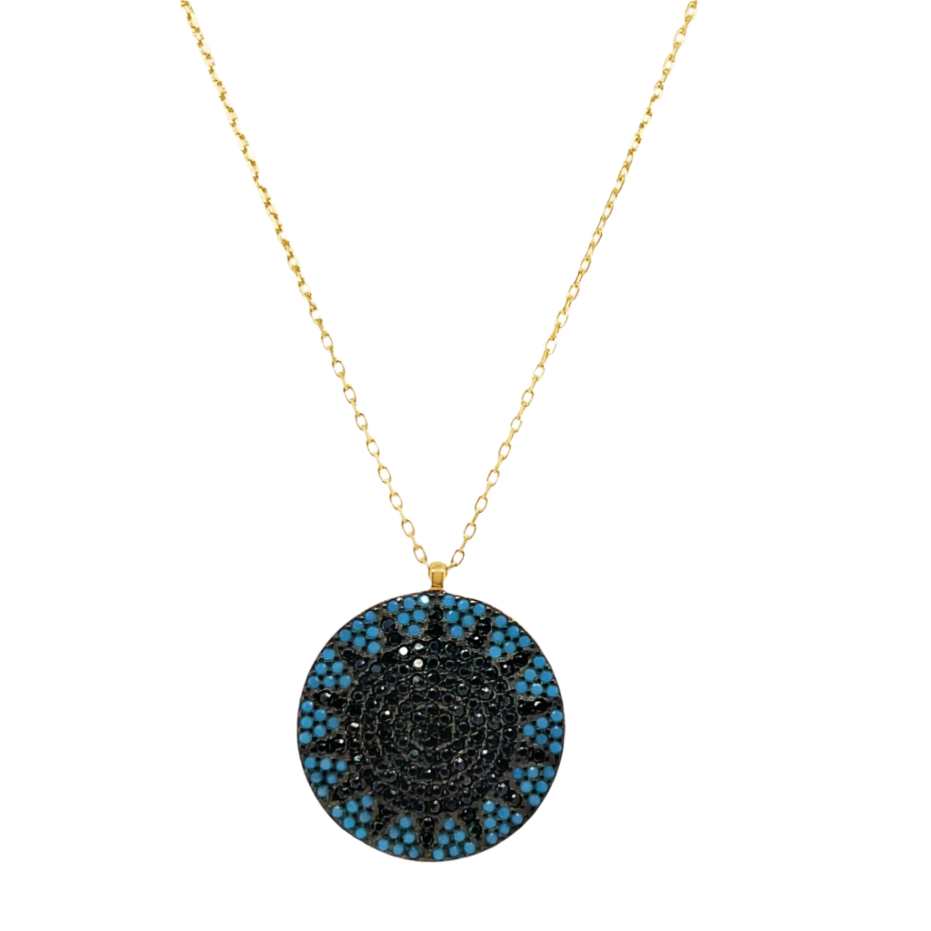 Sterling Silver Round Blue/Black Stone Sun Necklace