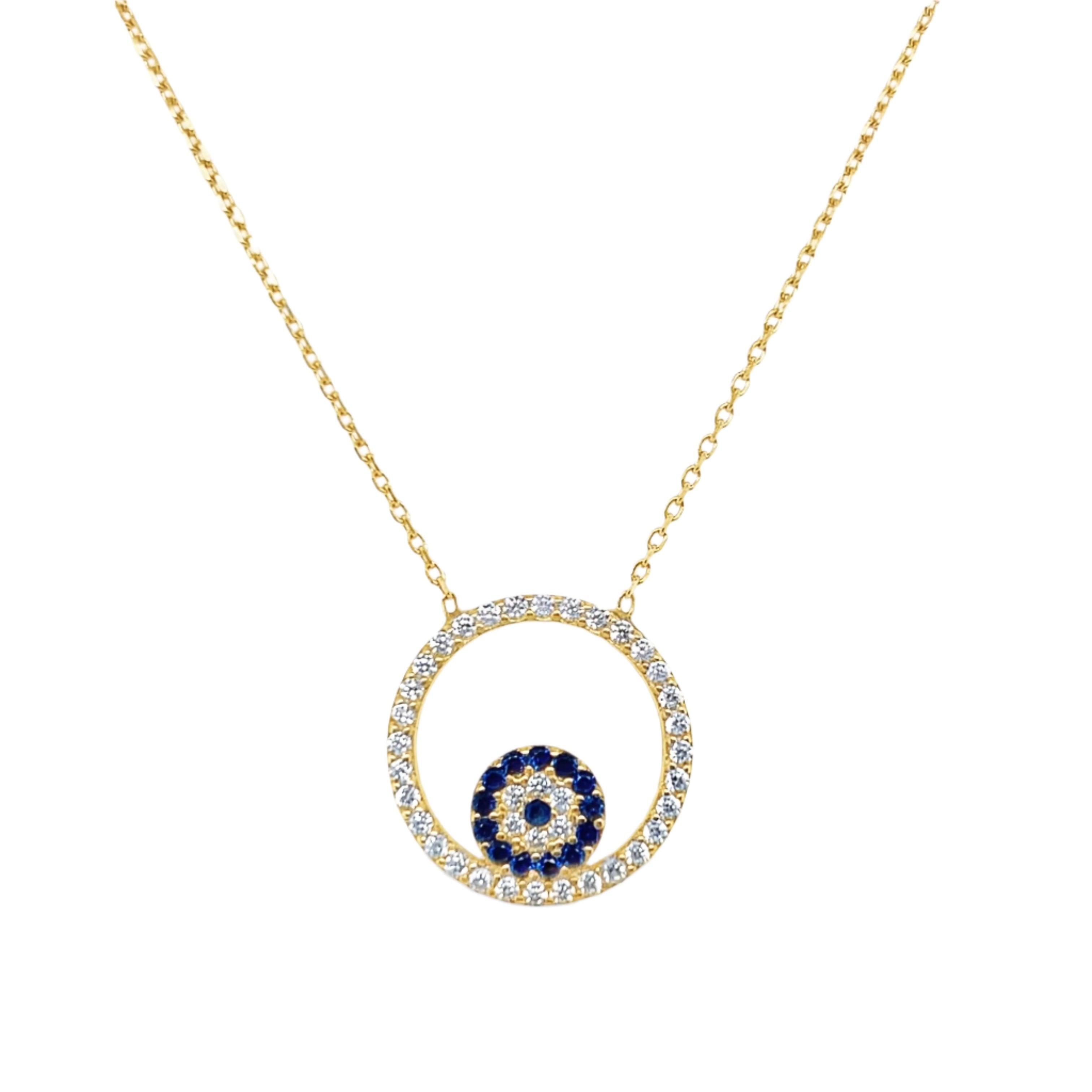 Sterling Silver Gold Plated Round CZ Evil Eye Necklace