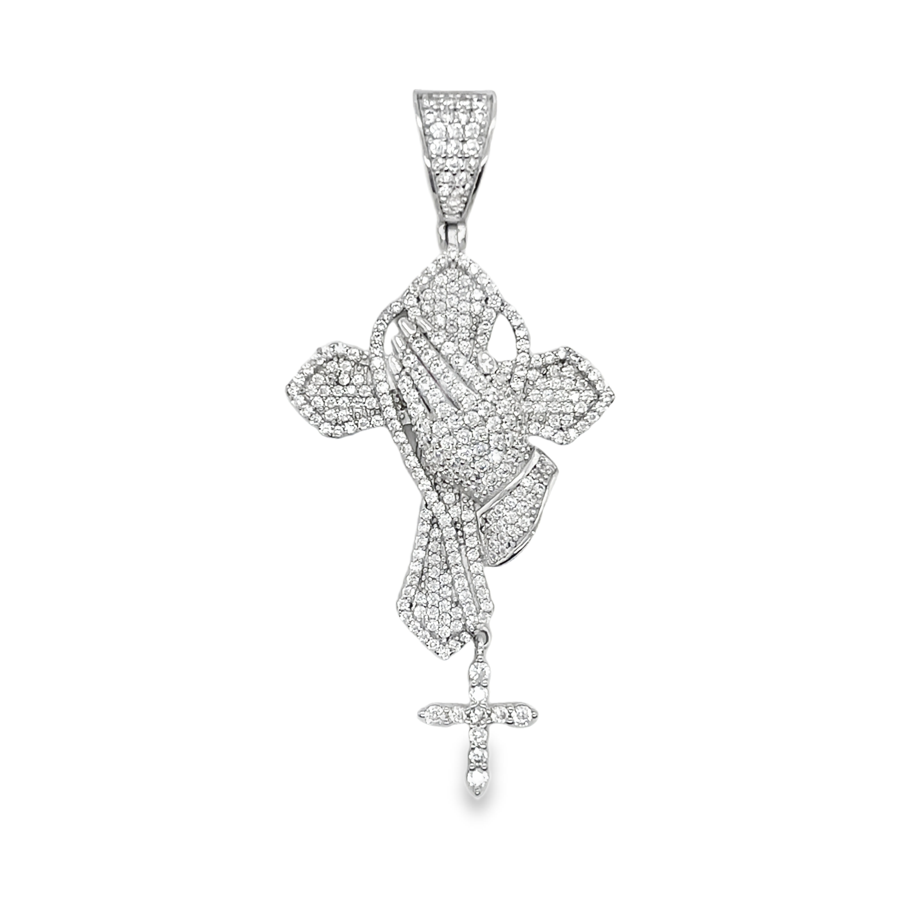 Sterling Silver CZ Praying Hands Cross Pendant