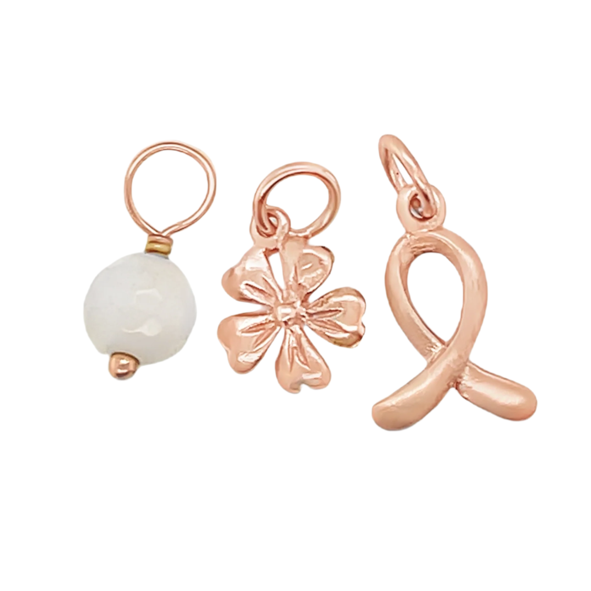 Sterling Silver Rose Gold Ribbon, Flower, & Crystal 3 Piece Pendant Set