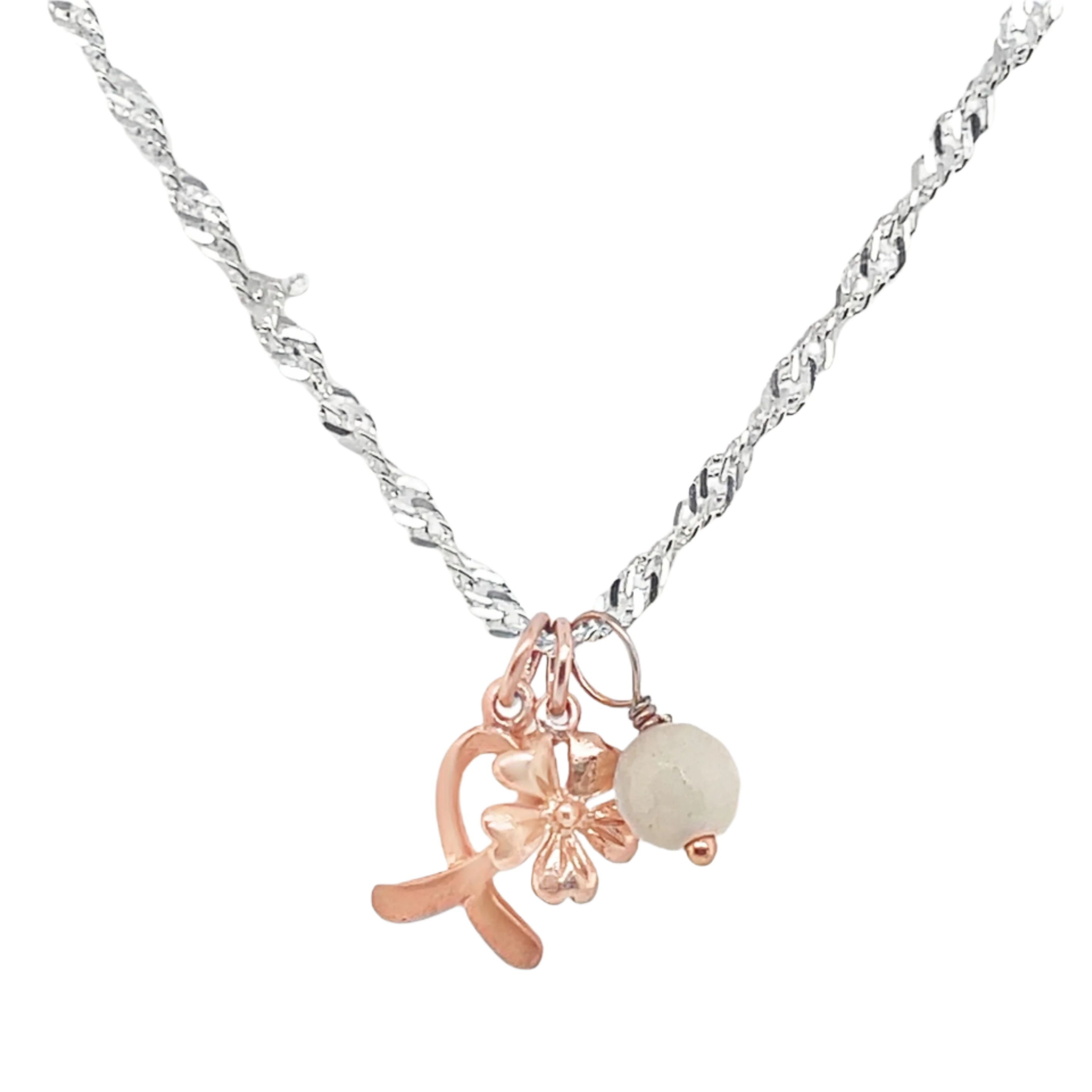 Sterling Silver Rose Gold Ribbon, Flower, & Crystal 3 Piece Pendant Set
