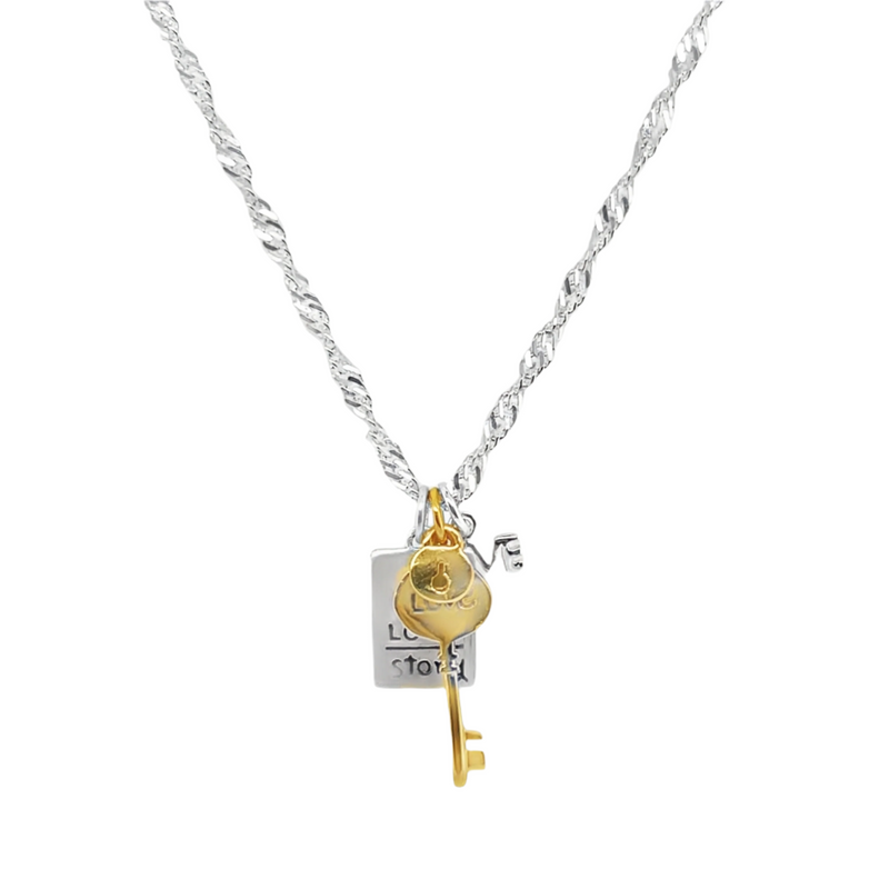 Sterling Silver "Love", Lock & Key, Love Story 3 Piece Pendant Set