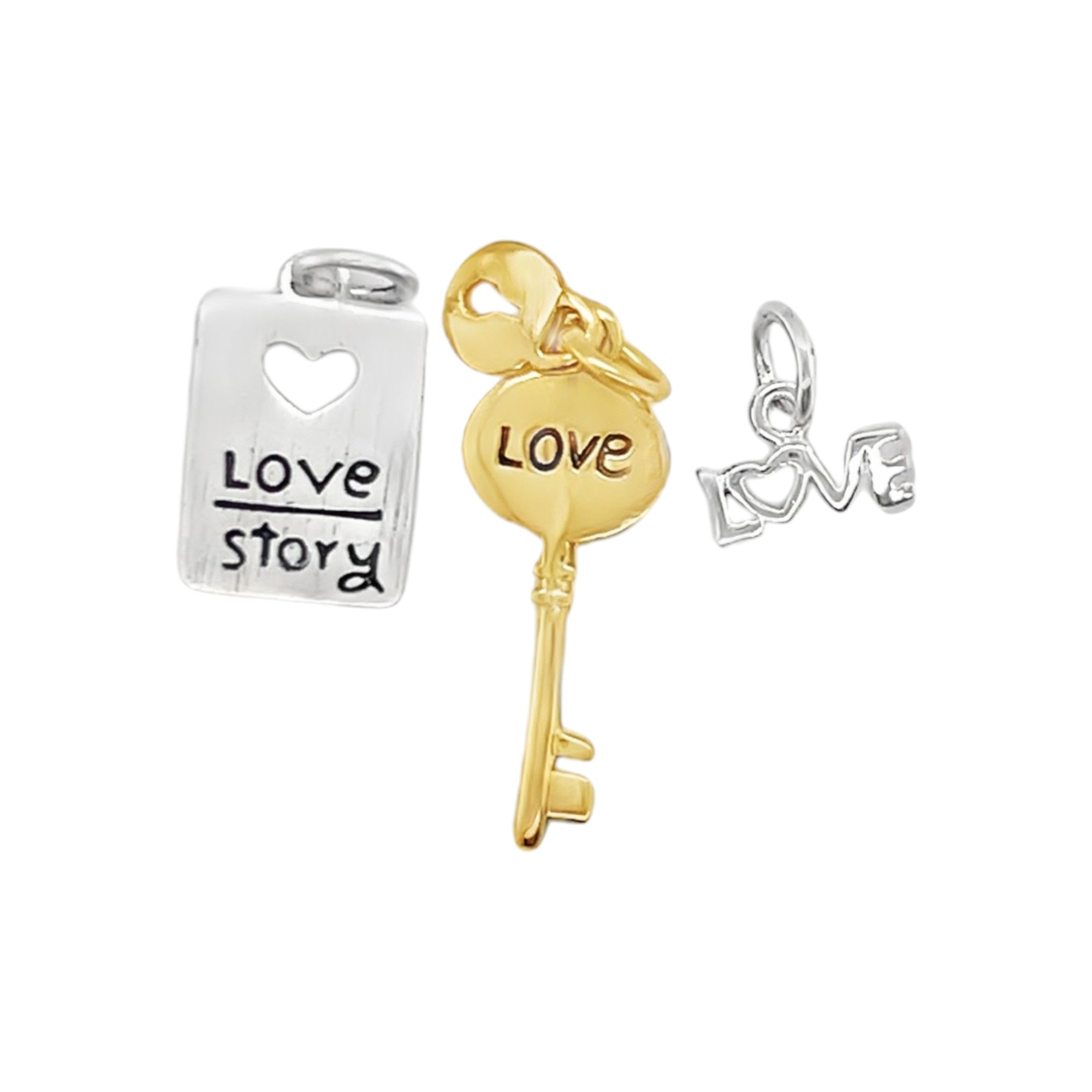 Sterling Silver "Love", Lock & Key, Love Story 3 Piece Pendant Set
